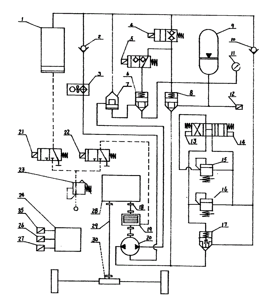 Hydraulic device with pneumatic booster fuel tank for oil-hydraulic hybrid electric bus