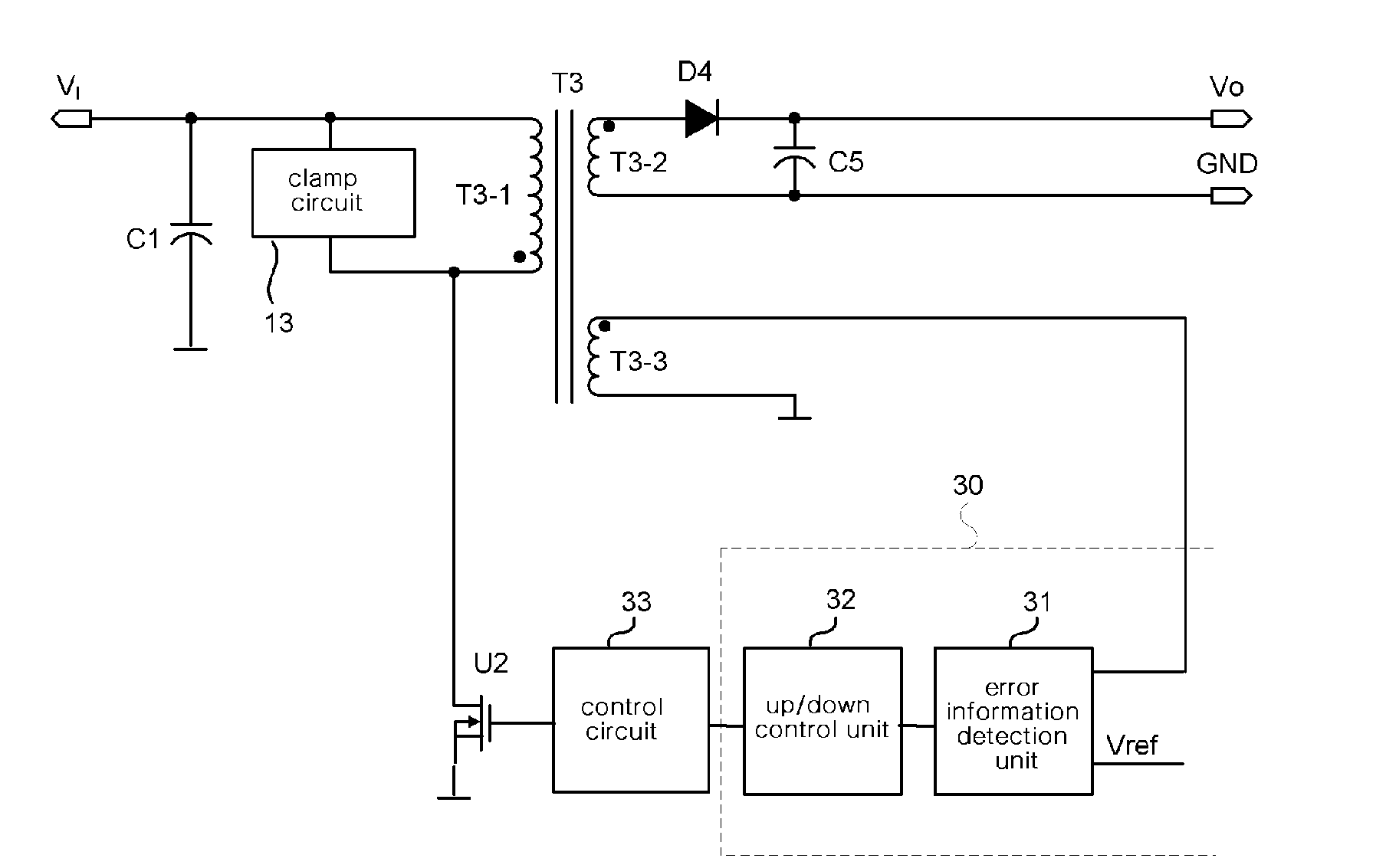 Circuit for output voltage error detect and feedback in smps