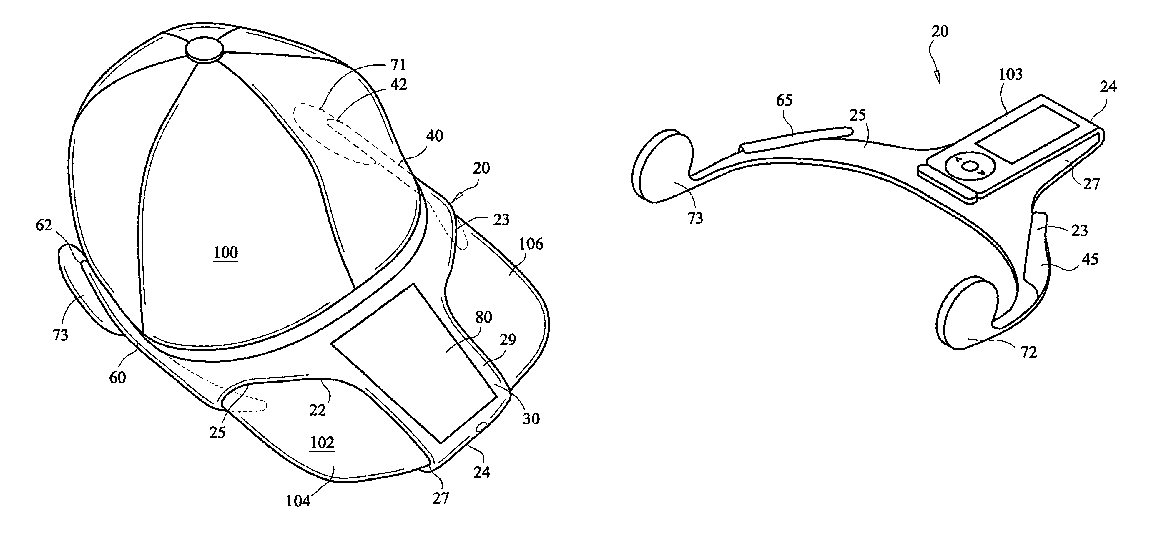 Removable hat attaching device for housing an electronic device