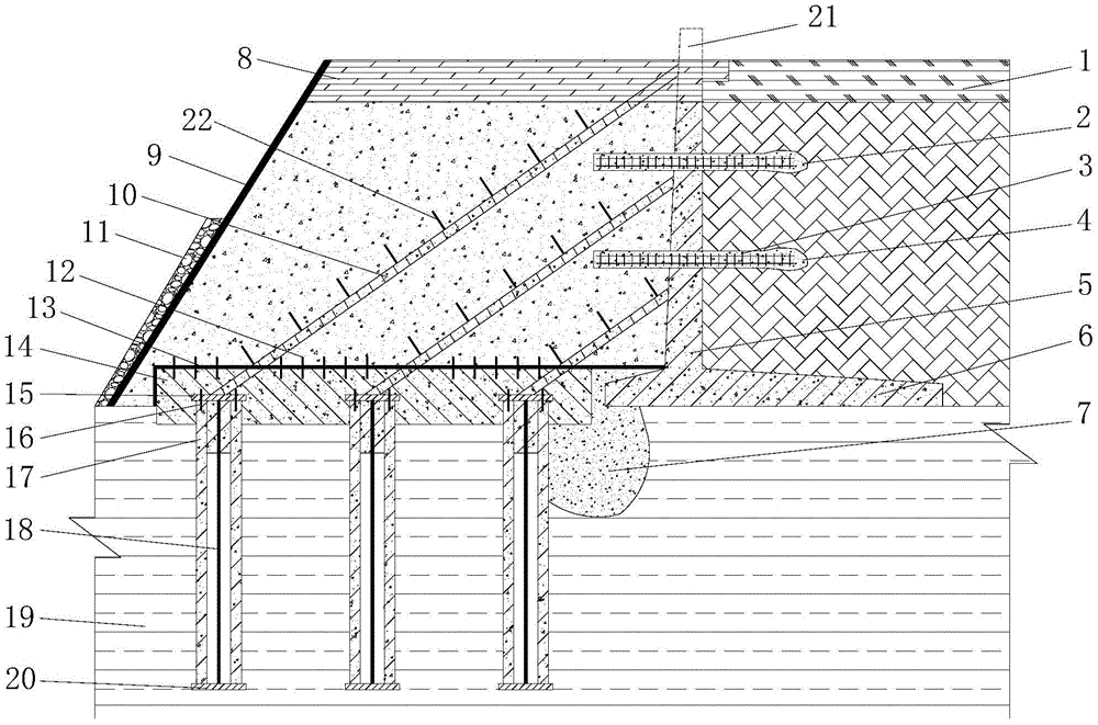 A widened embankment structure and construction method of high retaining wall filling section facing water suspension wall
