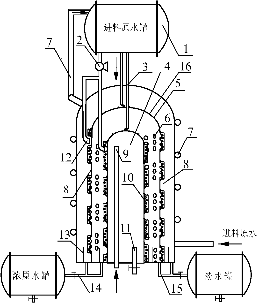 Multi-effect vertical tube hydrophilic and breathable distillation apparatus having self heat return function