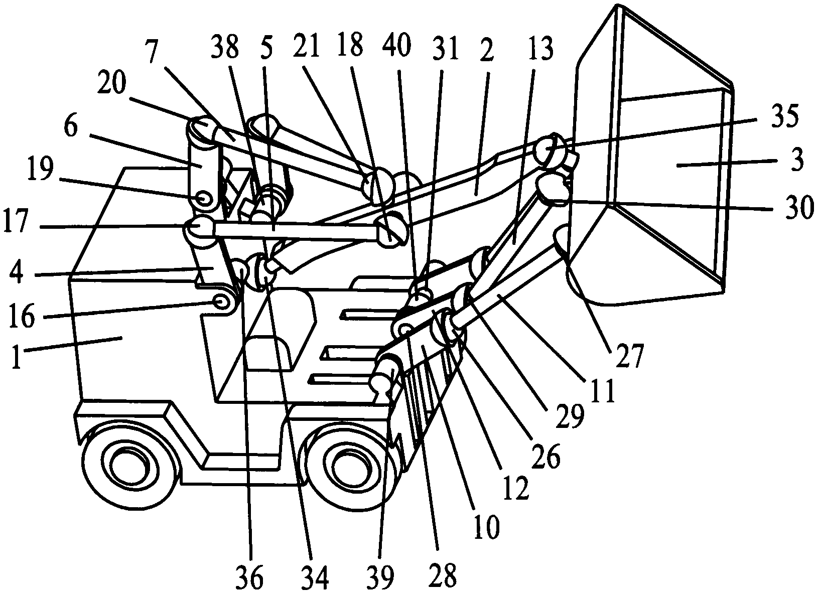 Space-controllable mechanism type loader with three-dimensional rotating movable arm and one-dimensional rotating bucket