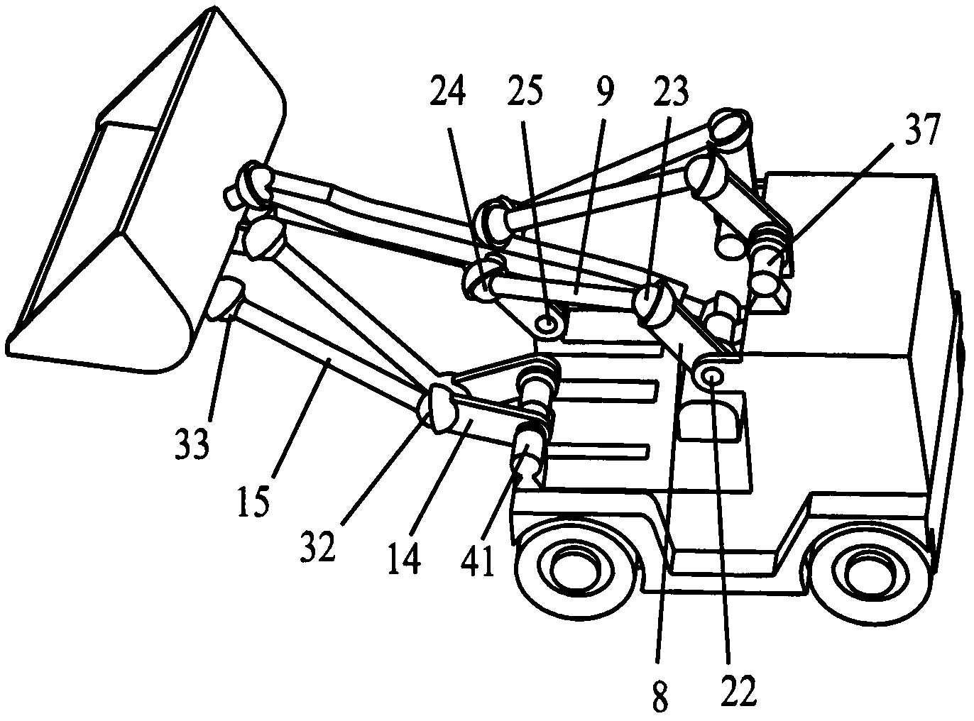 Space-controllable mechanism type loader with three-dimensional rotating movable arm and one-dimensional rotating bucket