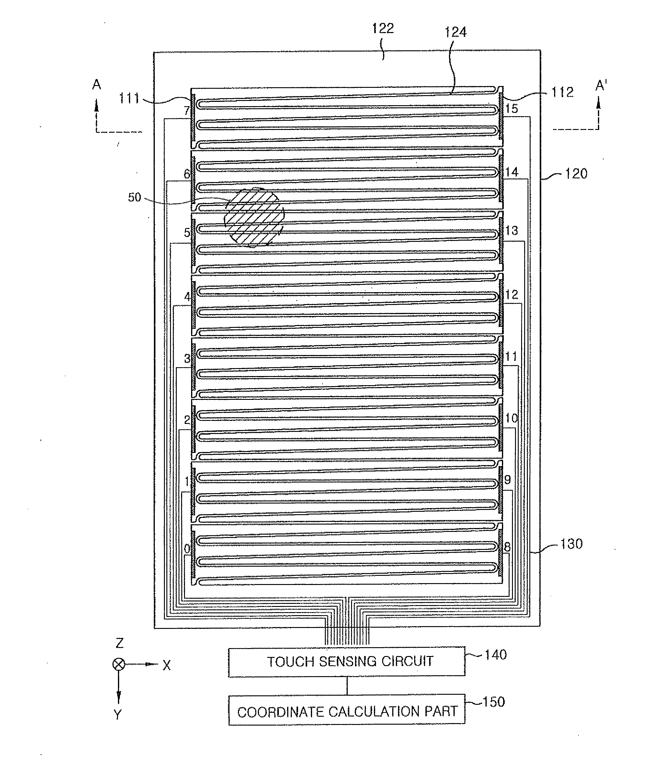 Touch sensor panel having a split-electrode structure and a touch sensor device provided with the same