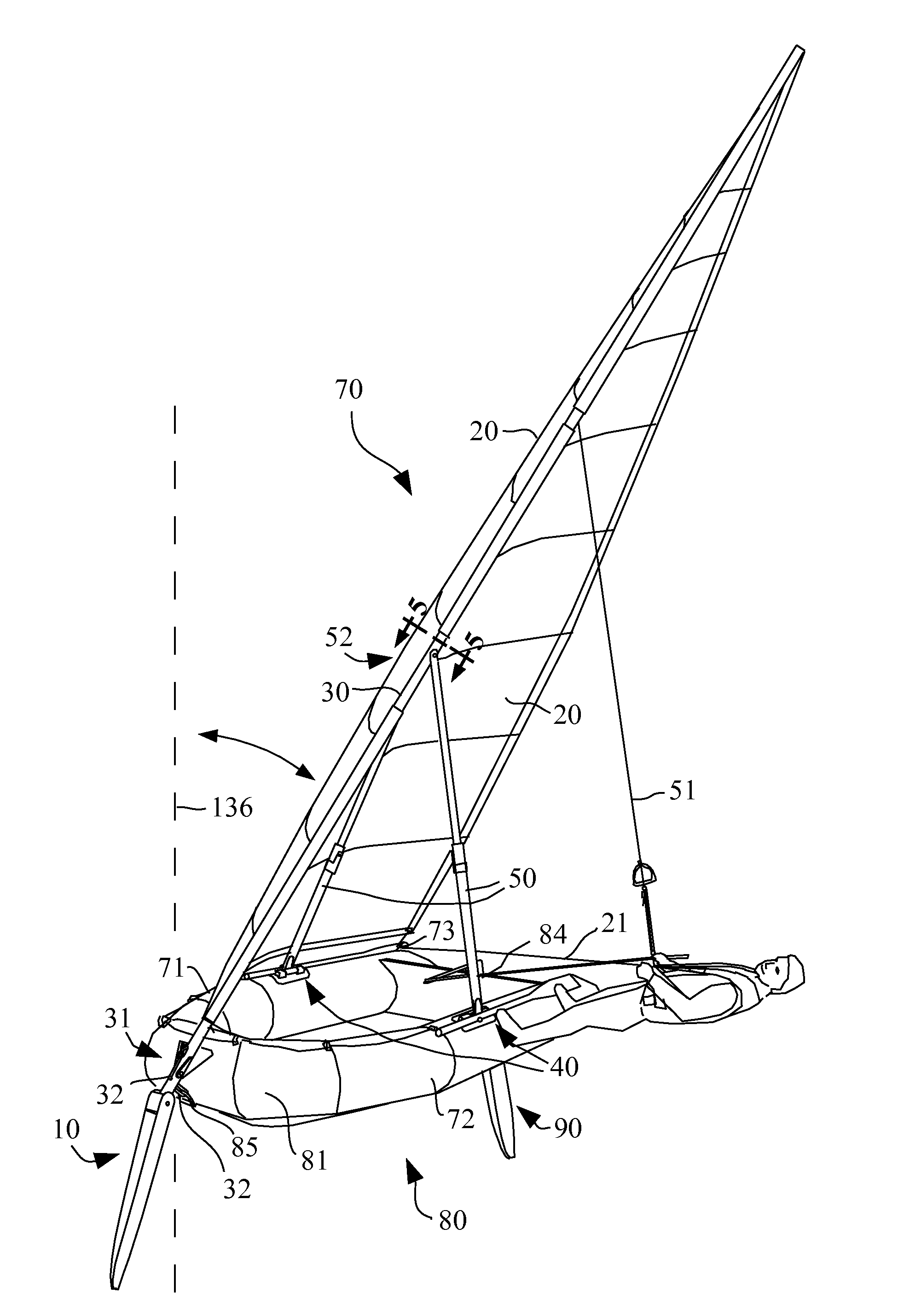 Universally attachable forward tacking sail rig with canting integrated mast and water foil for all boats