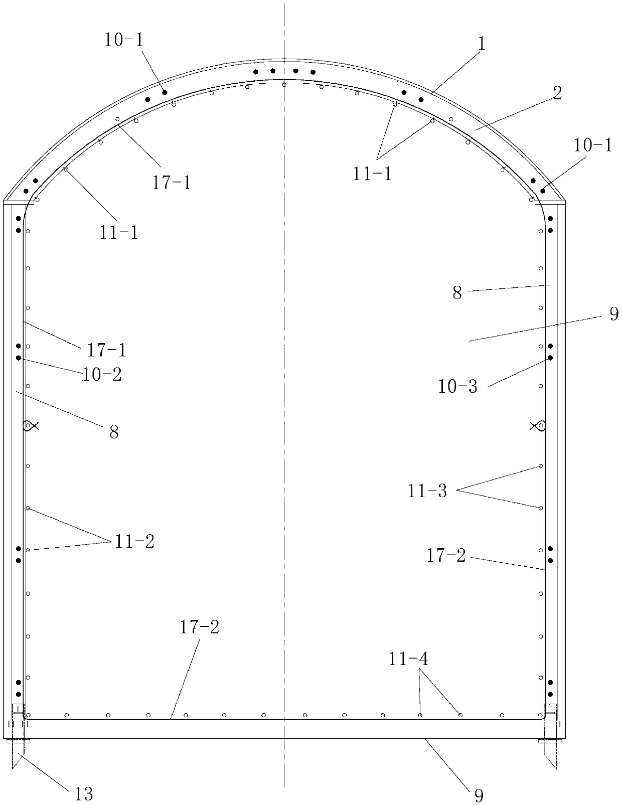 Supporting and bar-arranging structure for arch bridge raking pile hole forming construction