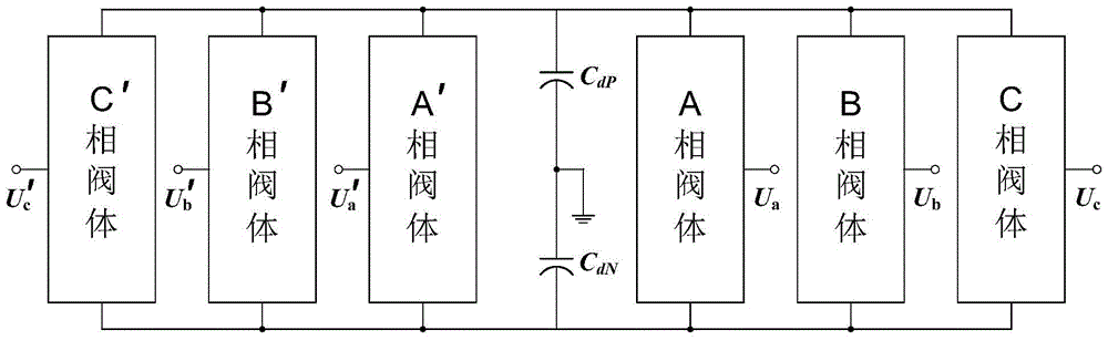 A capacitive self-equalizing three-phase multilevel converter circuit with a DC bus