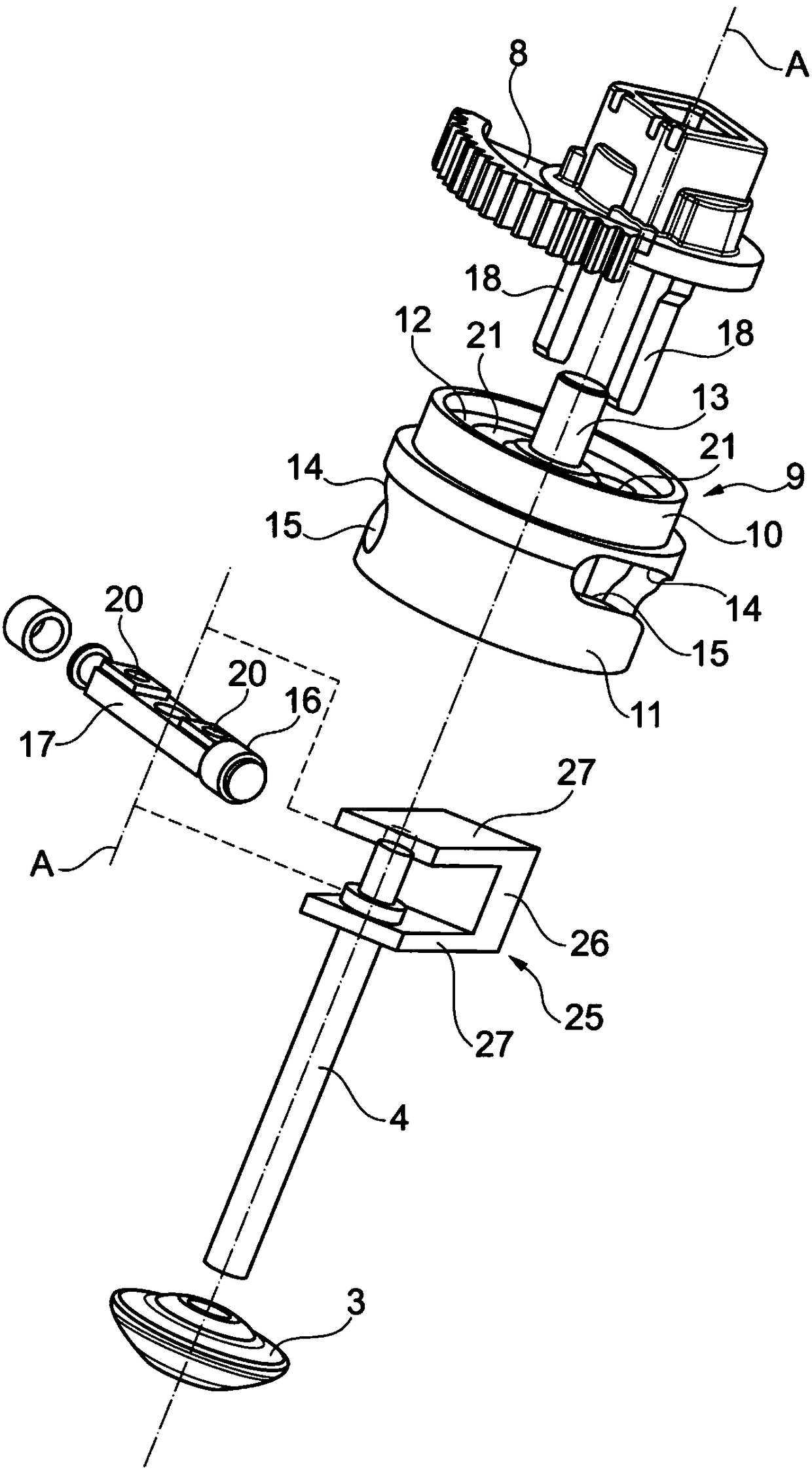 Device for converting a pivoting movement of a pinion into a movement in translation of a slide and valve comprising such a device