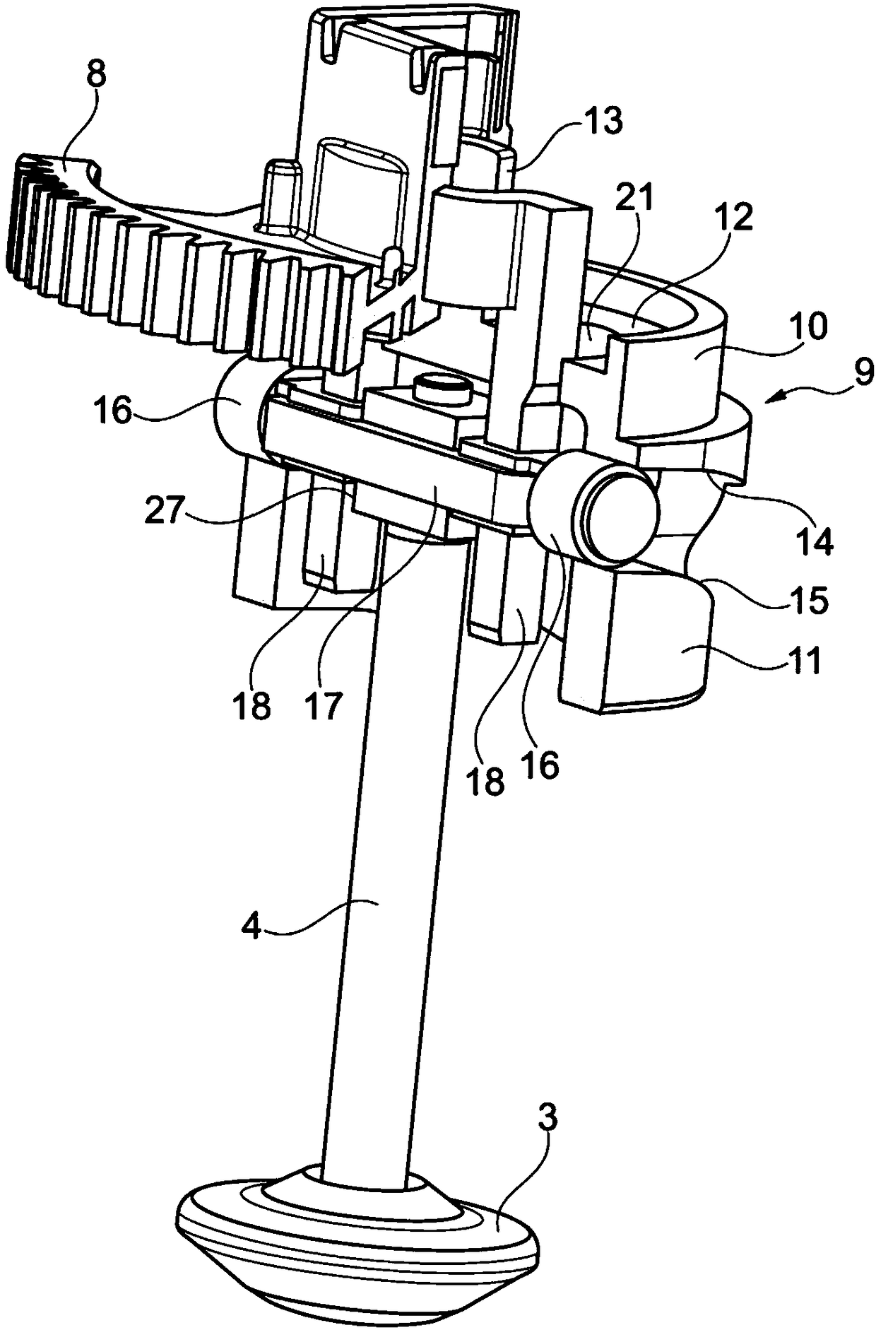 Device for converting a pivoting movement of a pinion into a movement in translation of a slide and valve comprising such a device