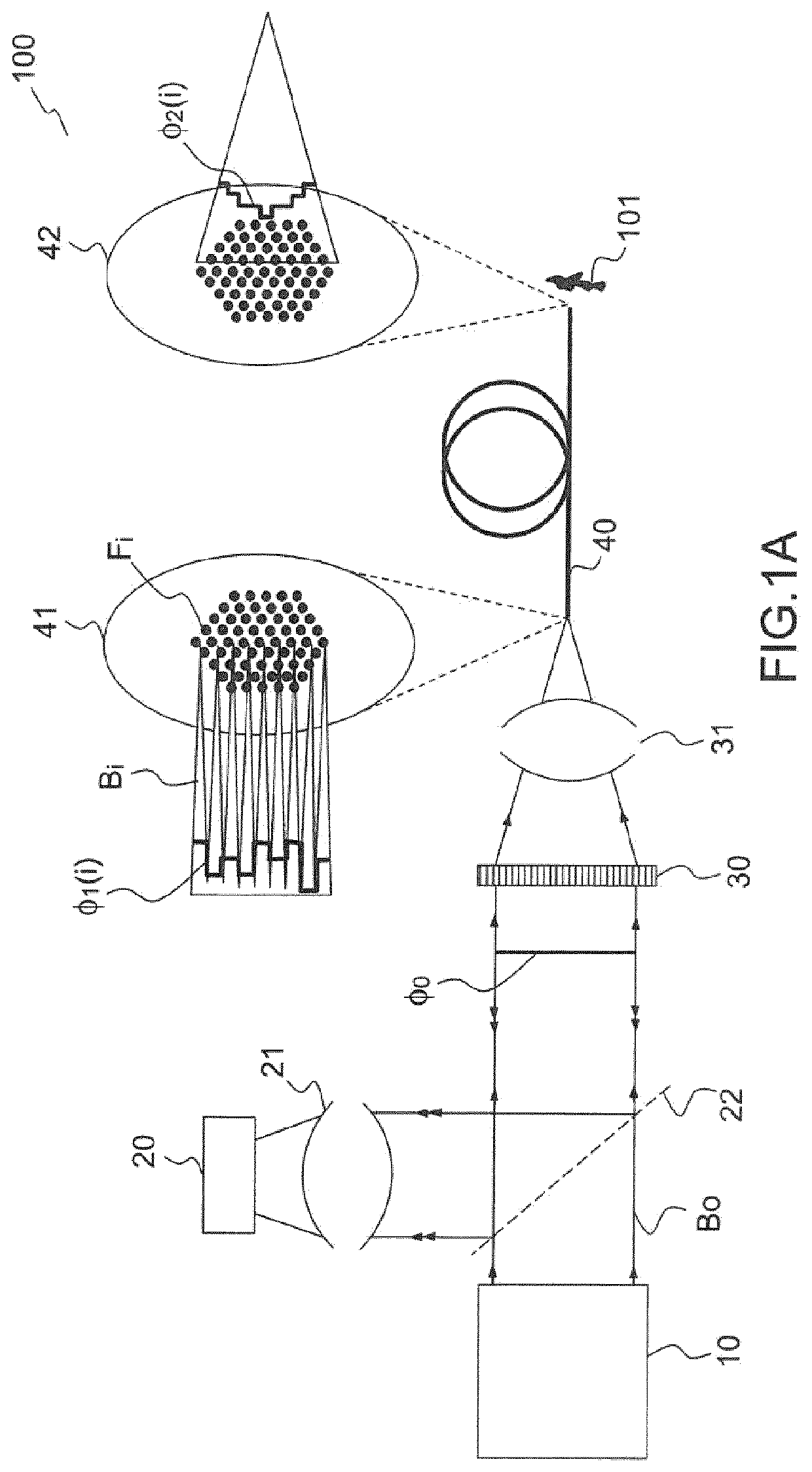 Devices and methods for conveying and controlling light beams for lensless endo-microscopic imagery