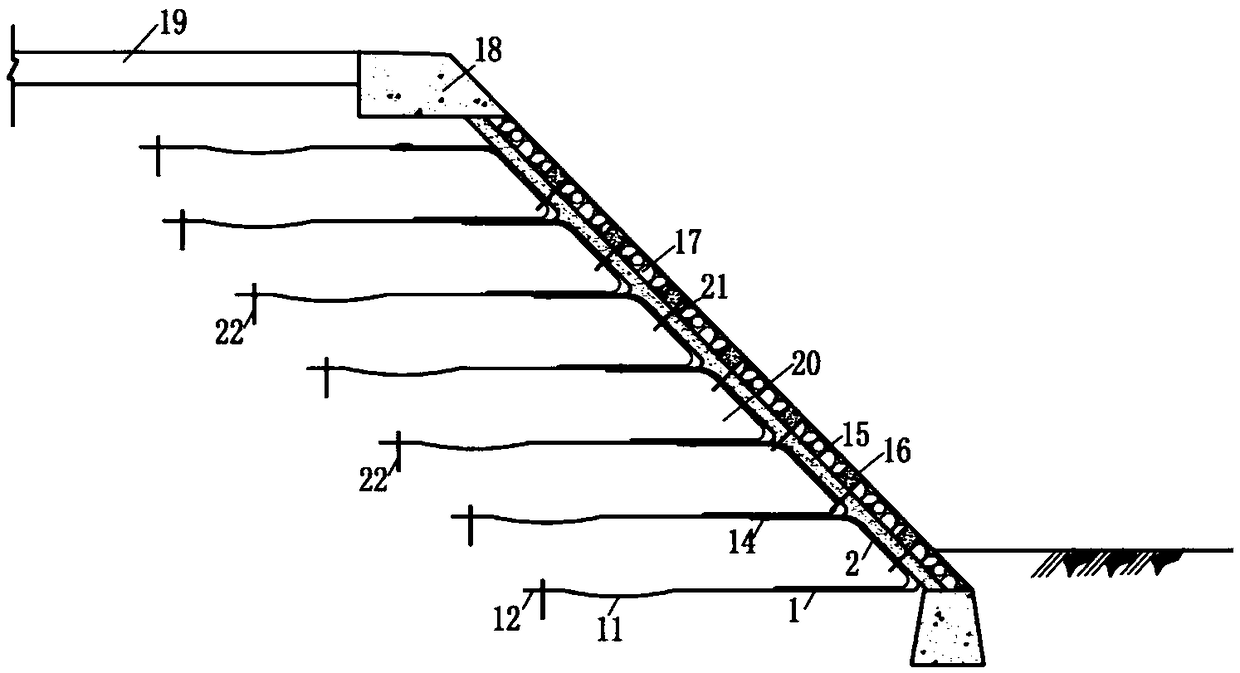 Geogrid steep slope embankment structure with wrapped faces and construction method thereof