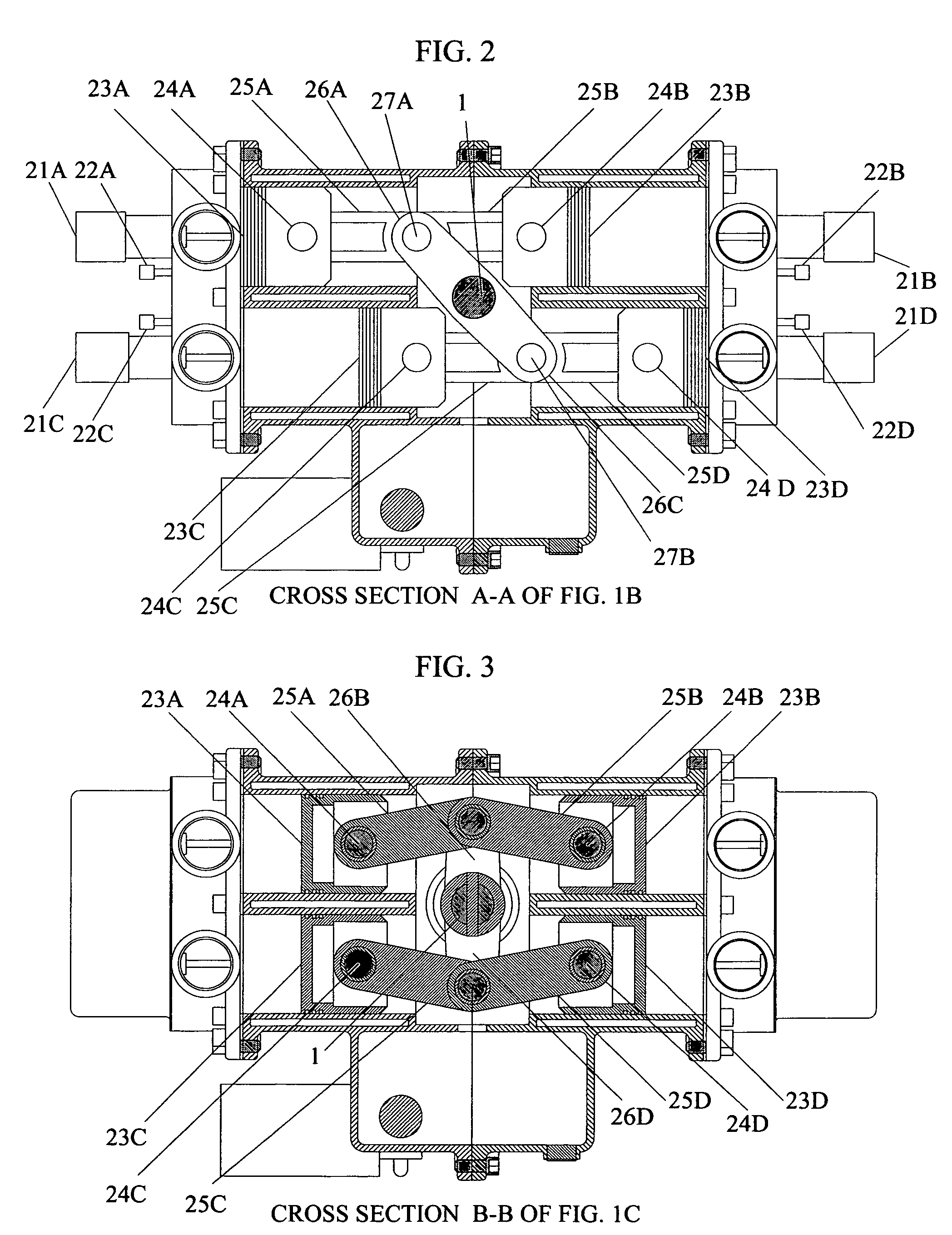 Four-cylinder, four-cycle, free piston, premixed charge compression ignition, internal combustion reciprocating piston engine with a variable piston stroke