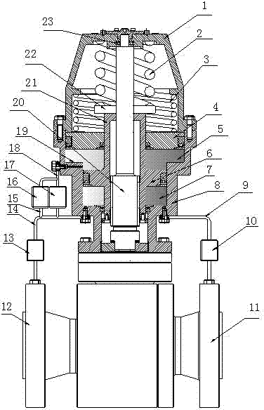 Conveying pipeline valve actuator with conveying pipeline internal pressure as power