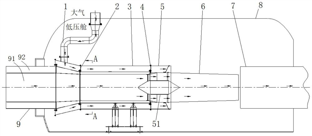 Full-ring stamping combustion test air inlet platform cooled through natural air entraining