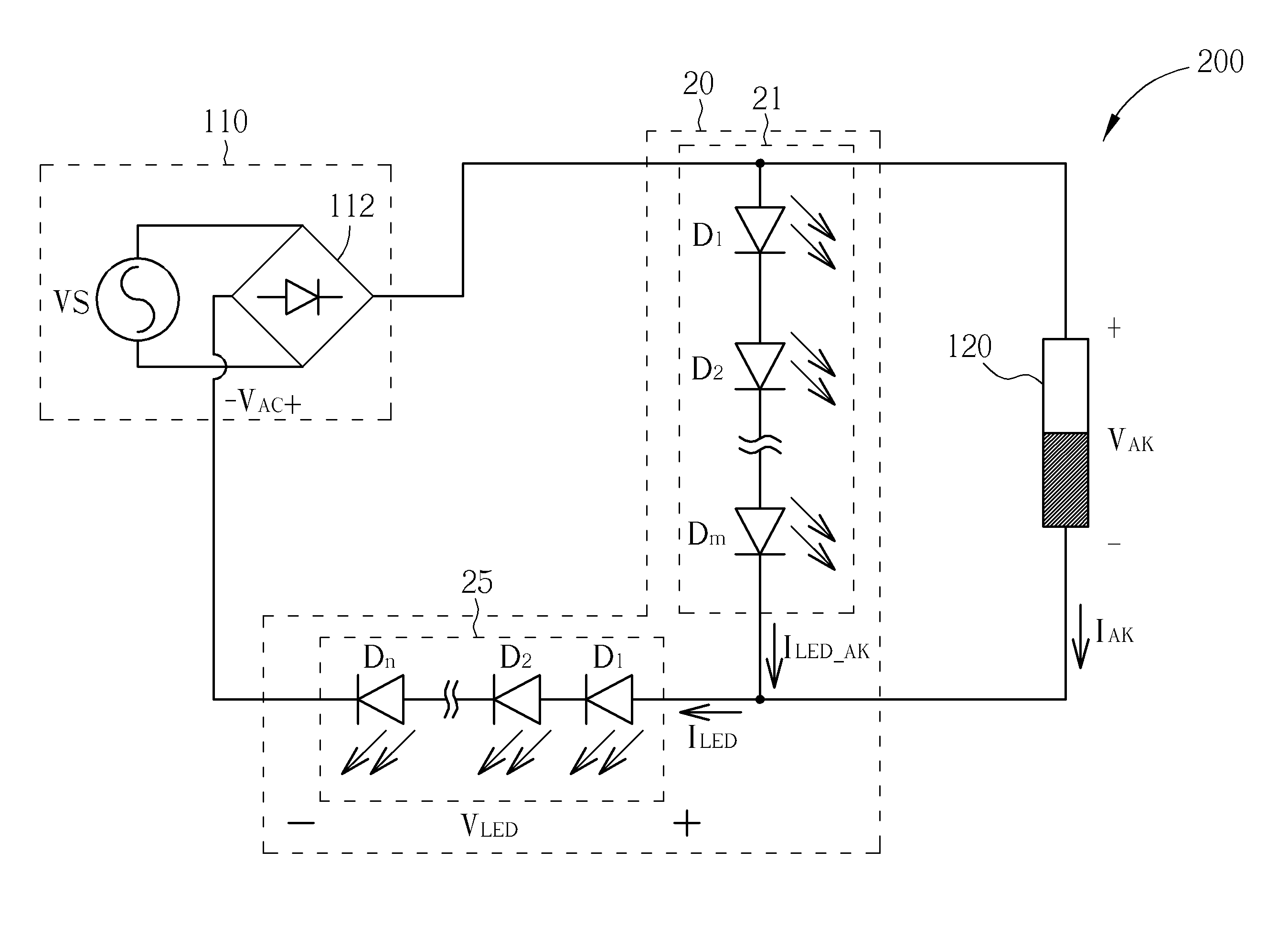 Two-terminal current controller and related LED lighting device