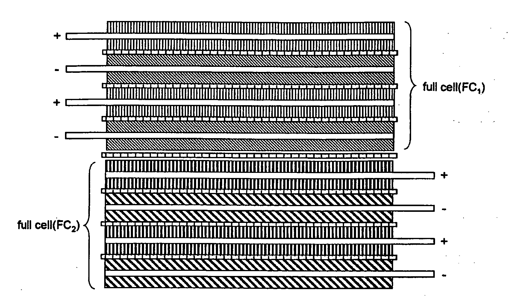 Stacking-typed secondary battery providing two or more operation voltages