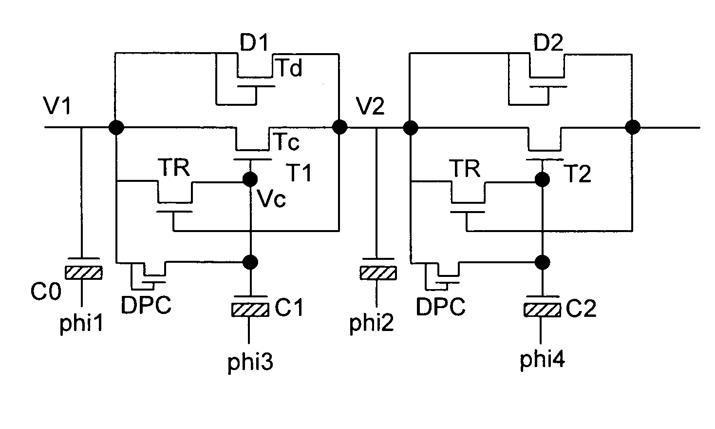 Four phase charge pump operable without phase overlap with improved efficiency