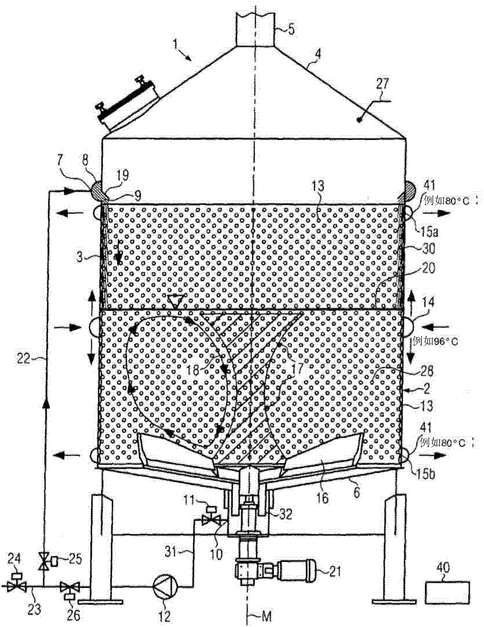 Method and device in particular for mashing in the production of beer