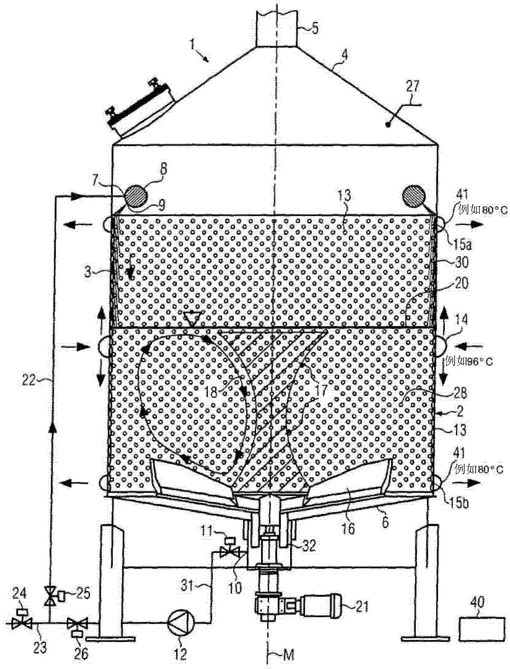 Method and device in particular for mashing in the production of beer