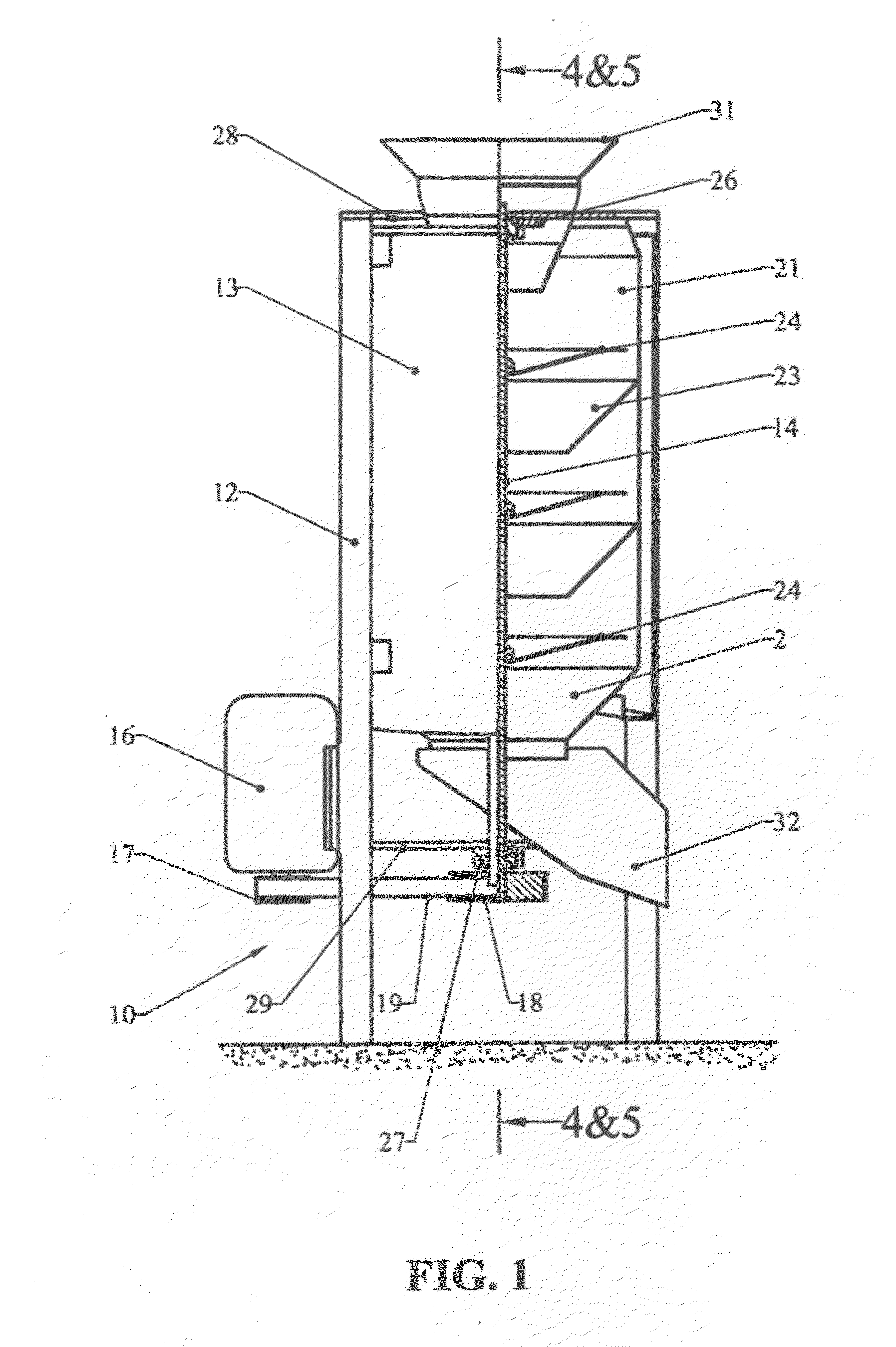 Method and apparatus for separating cooking oils from snack food products through a quasi-continuous centrifuge action