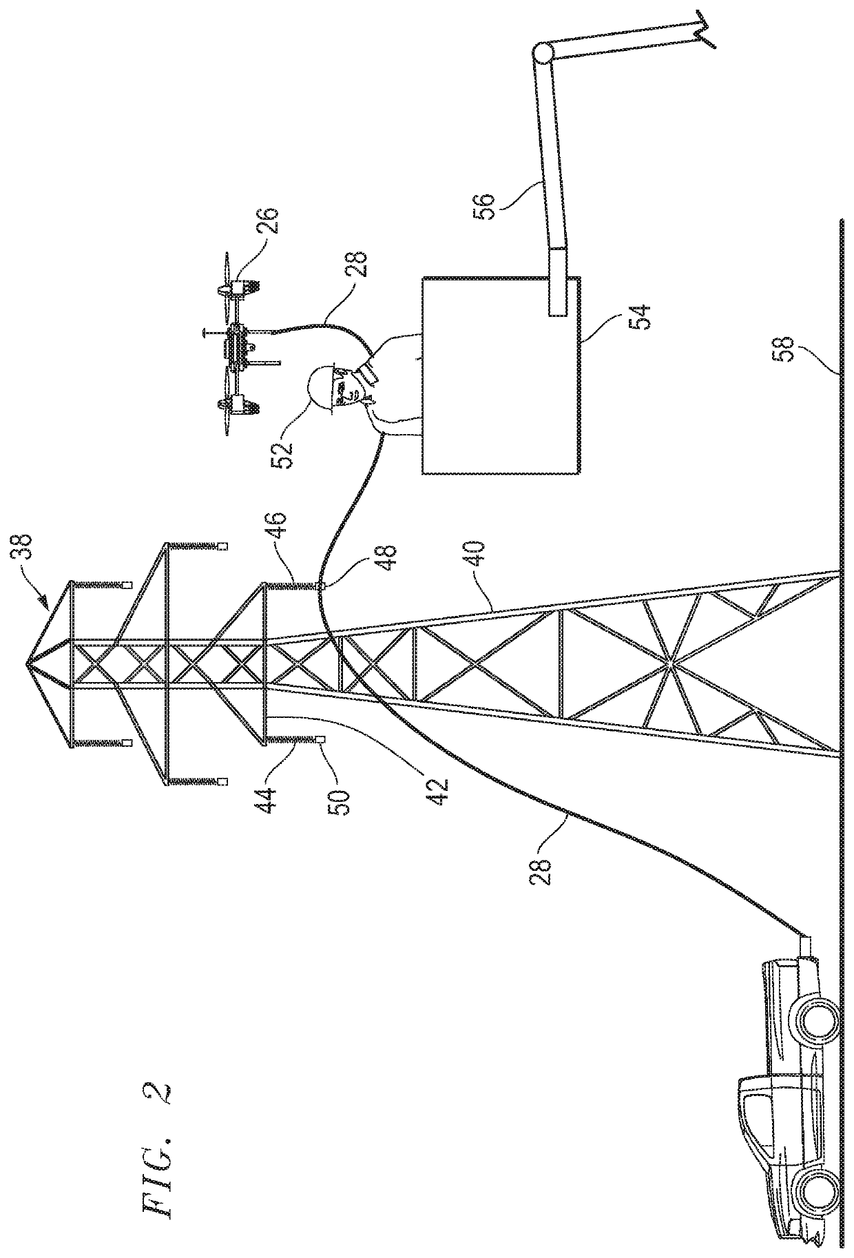 Apparatus and method for placing and tensioning an aerial, rope through a traveler of a power line
