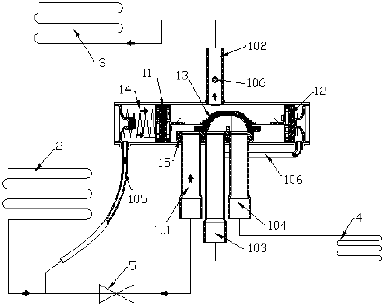 Self-operated four-way valve and its air conditioning system