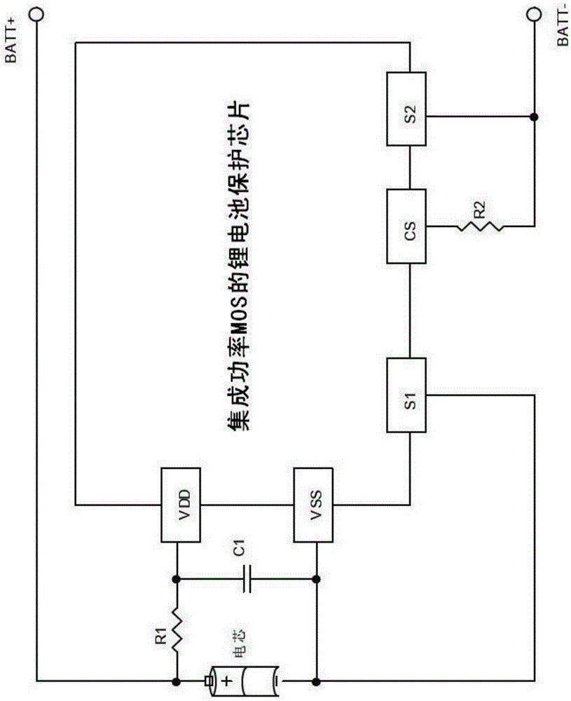 Lithium battery protection chip of integrated power metal oxide semiconductor field effect transistor (MOSFET) and charging circuit applying chip