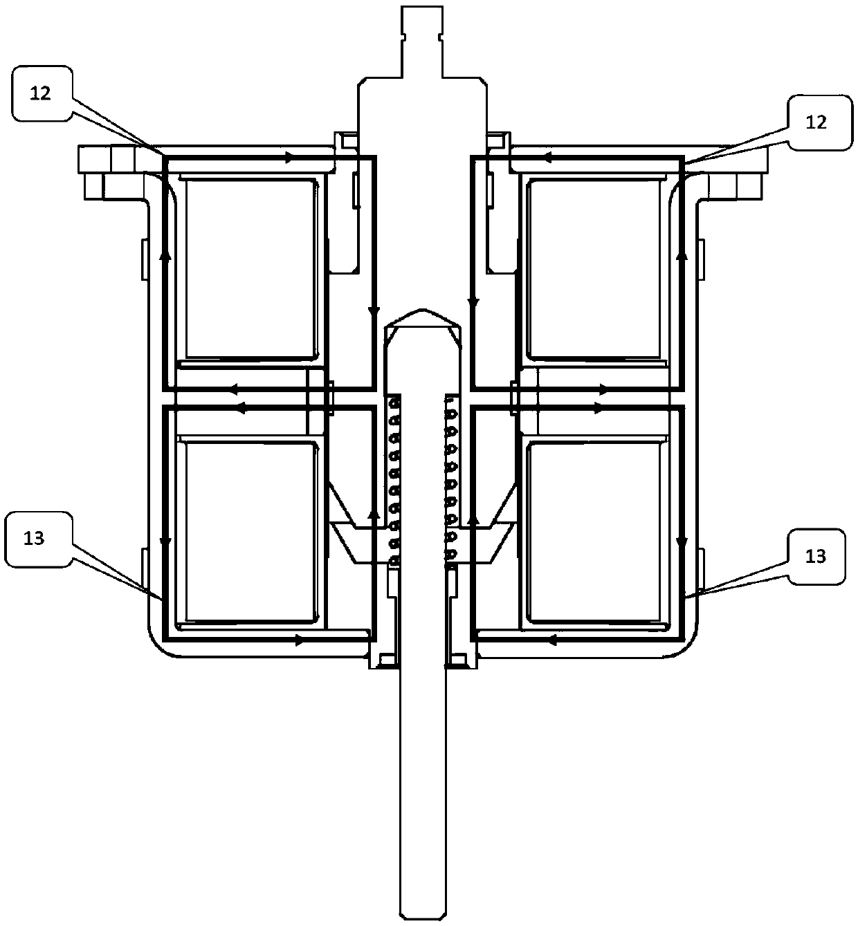 Middle-arranged magnetic steel magnetic circuit structure with inclined surface contact