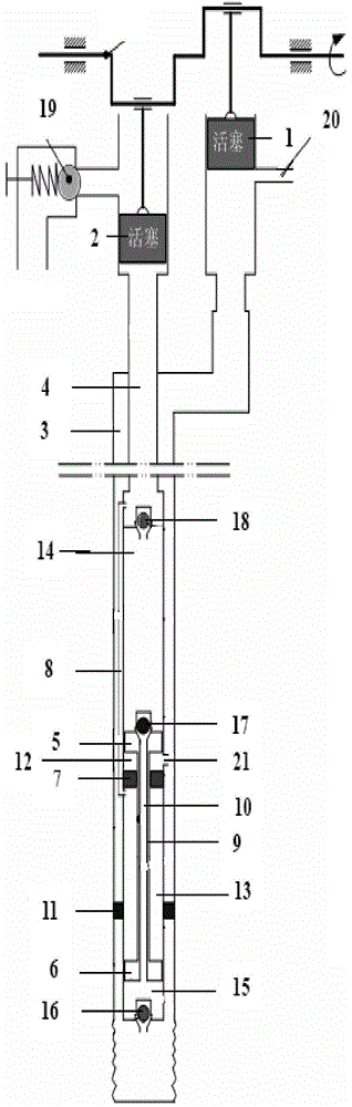Pulsating pressure driving self-balancing piston pump drain device and technological method thereof