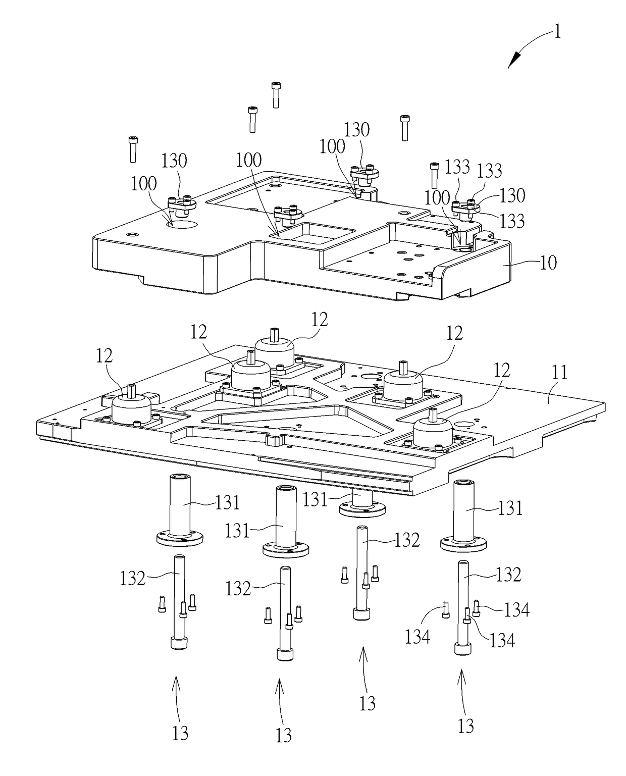 Locking mechanism for locking a floating platform loaded with a machine onto a base, shock absorbing device with locking mechanism, and method thereof