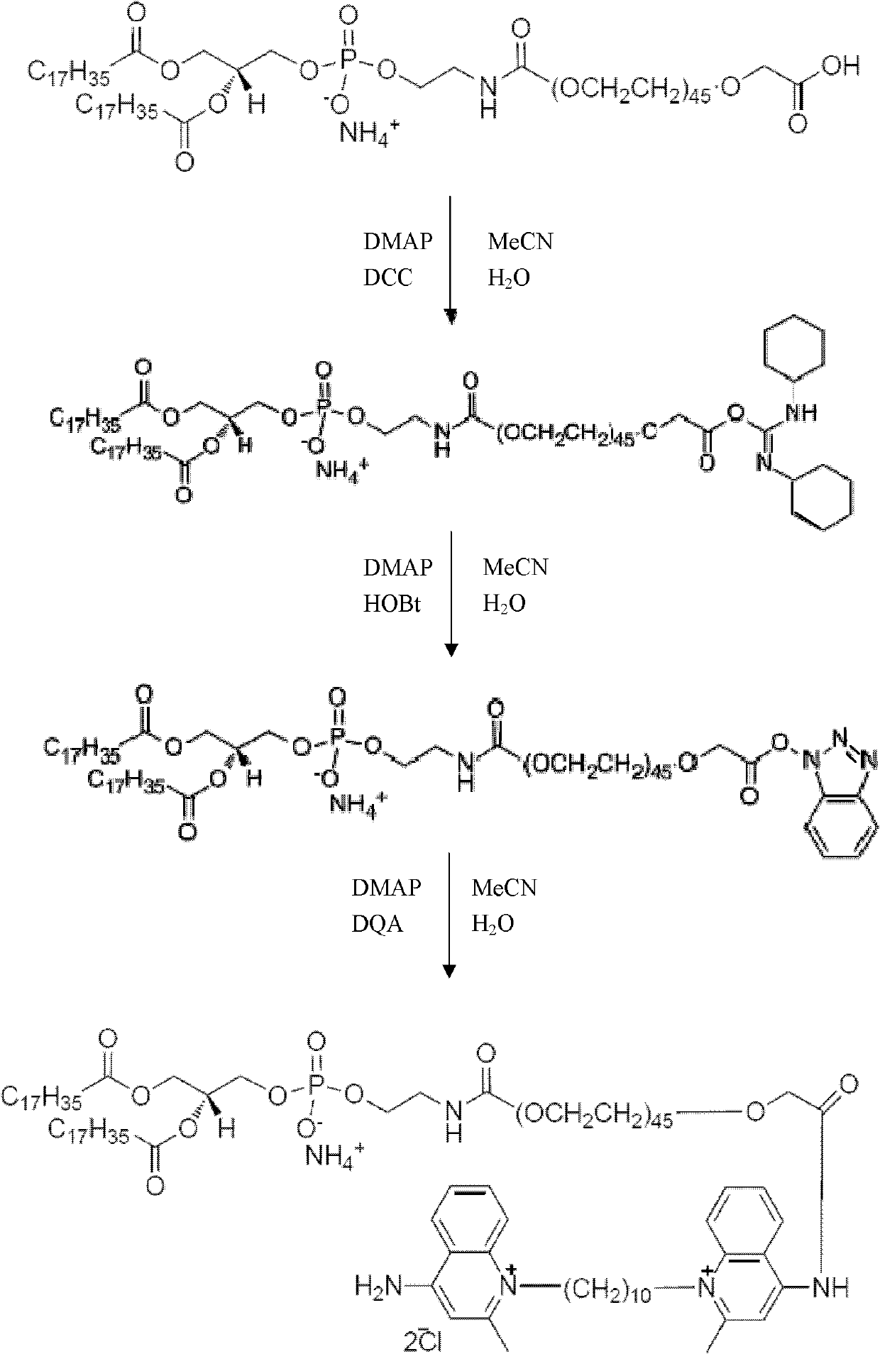 Dequalinium chloride-polyethylene glycol-distearoyl phosphatidyl ethanolamine conjugated compound and resveratrol liposome modified thereby