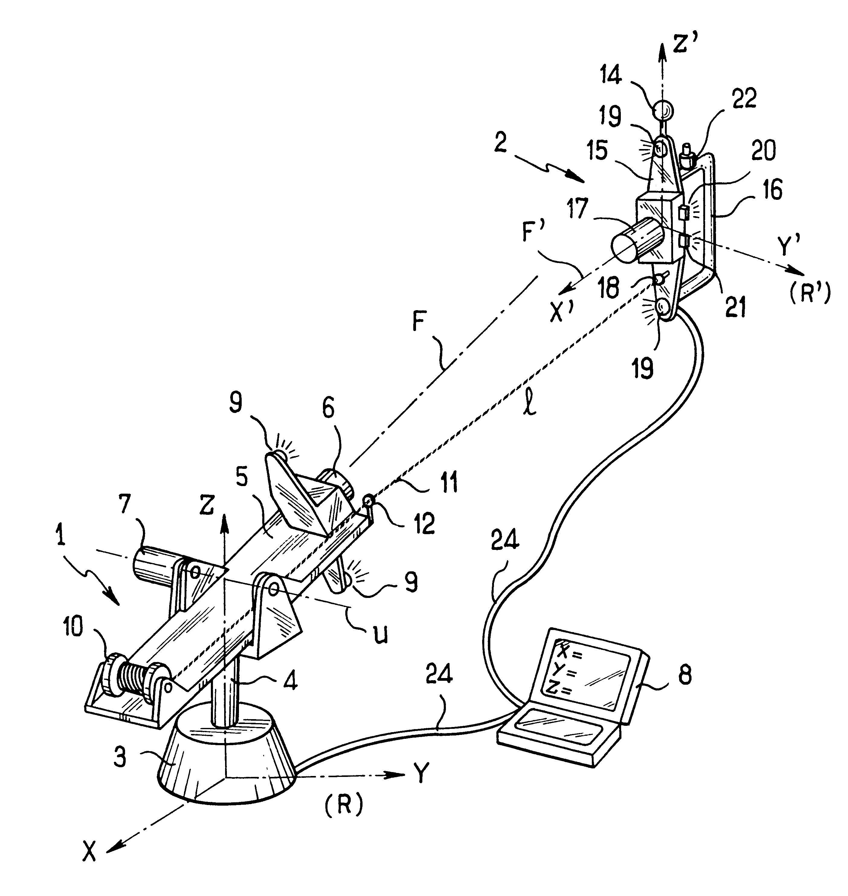 Measuring method for determining the position and the orientation of a moving assembly, and apparatus for implementing said method