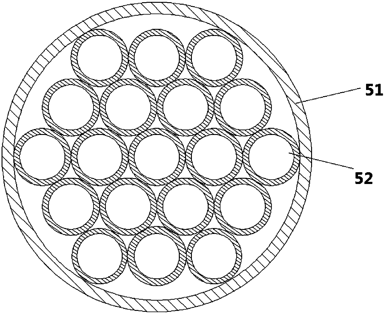 A noncondensable gas tube heat exchanger with variable spacing of flow stabilization devices