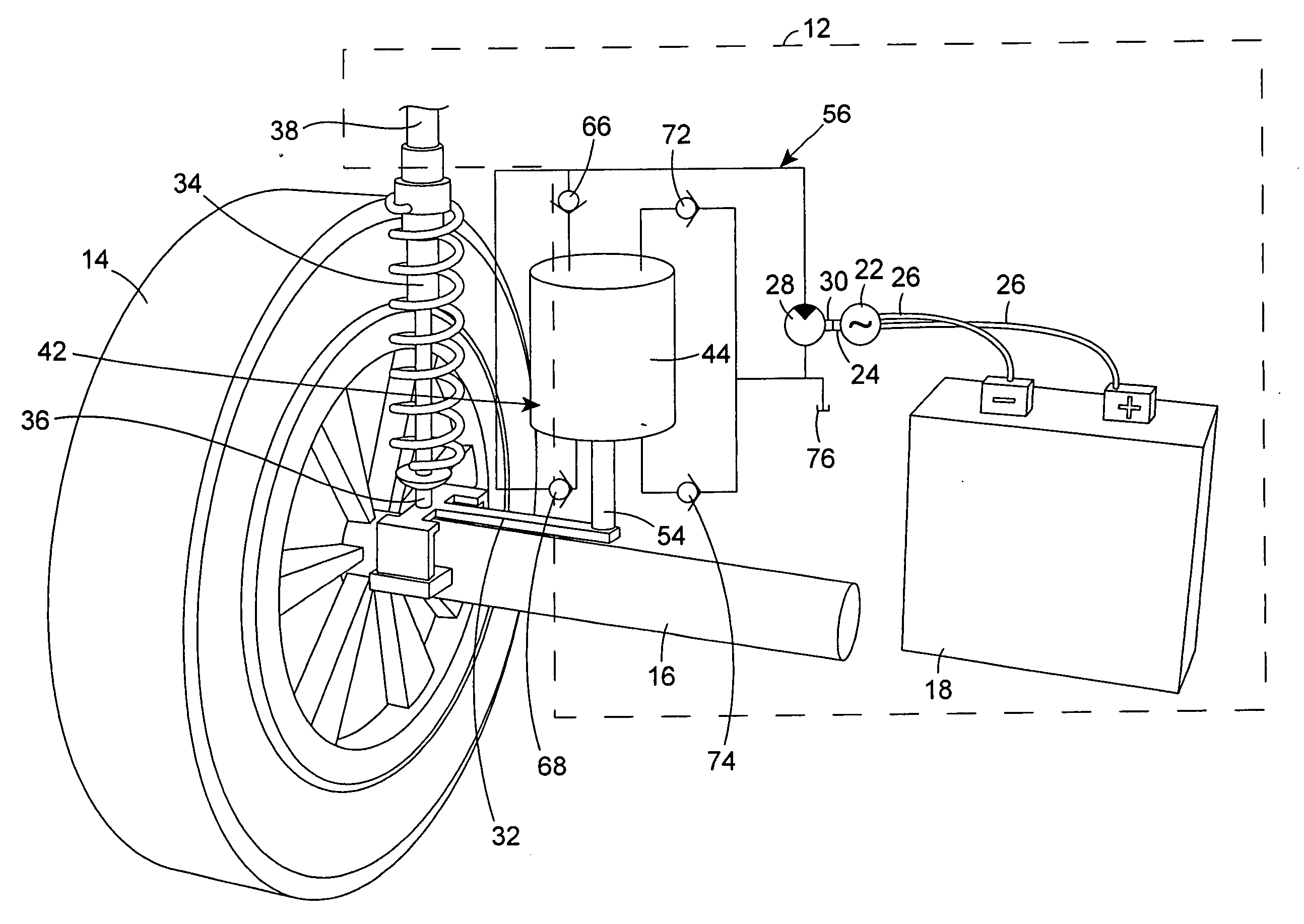 Apparatus and method for hydraulically converting movement of a vehicle wheel to electricity for charging a vehicle battery