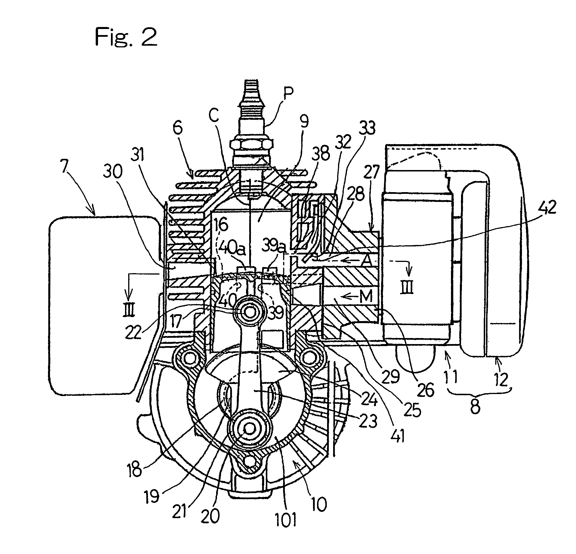 Two-cycle combustion engine with air scavenging system having pressure reducing device