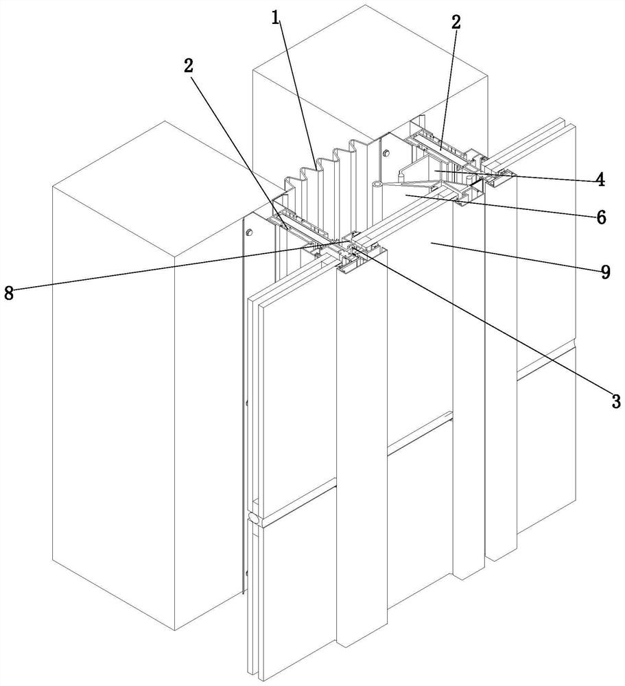 Glass curtain wall deformation joint structure based on six-direction adjustment