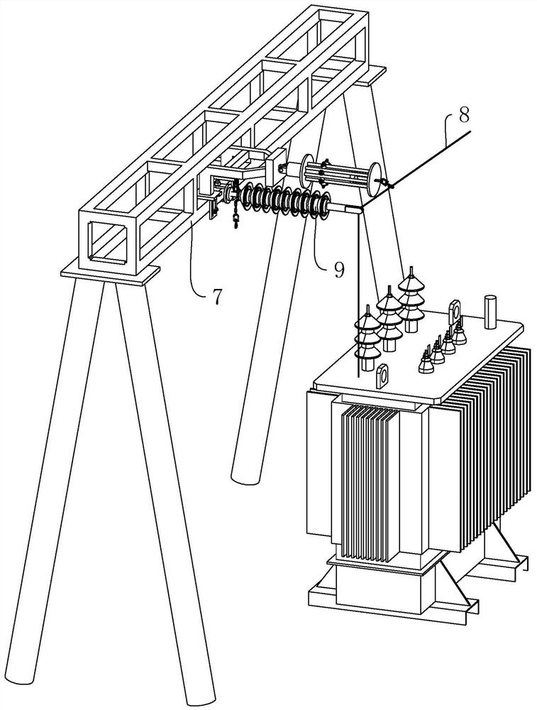 A replacement device and replacement method for tension insulator strings used in substations