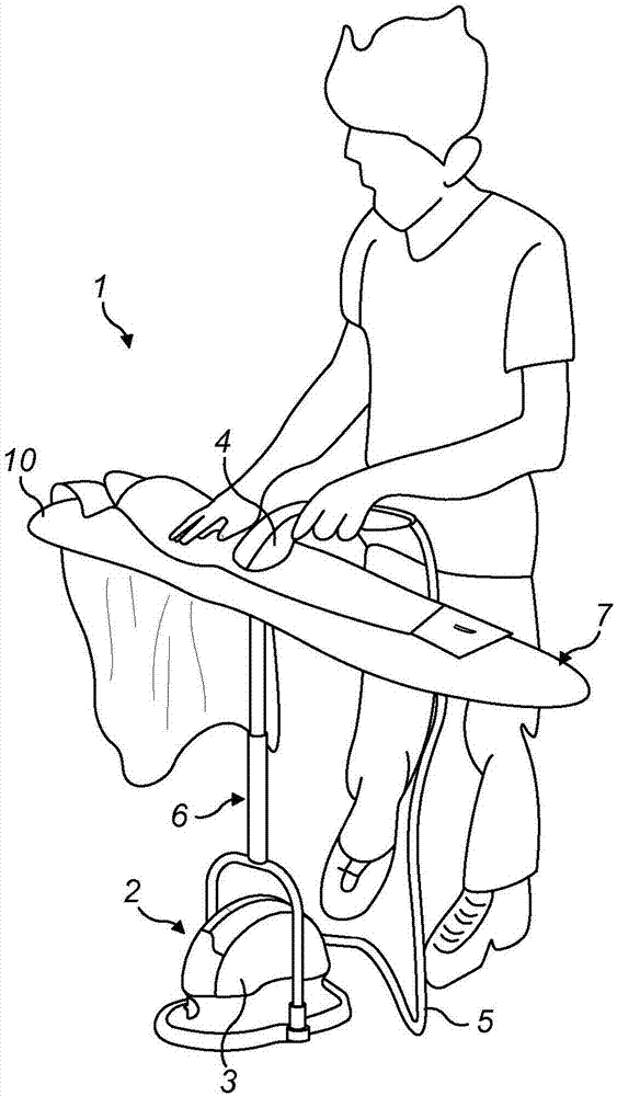 Garment steamer device with inclinable ironing board and garment hanger