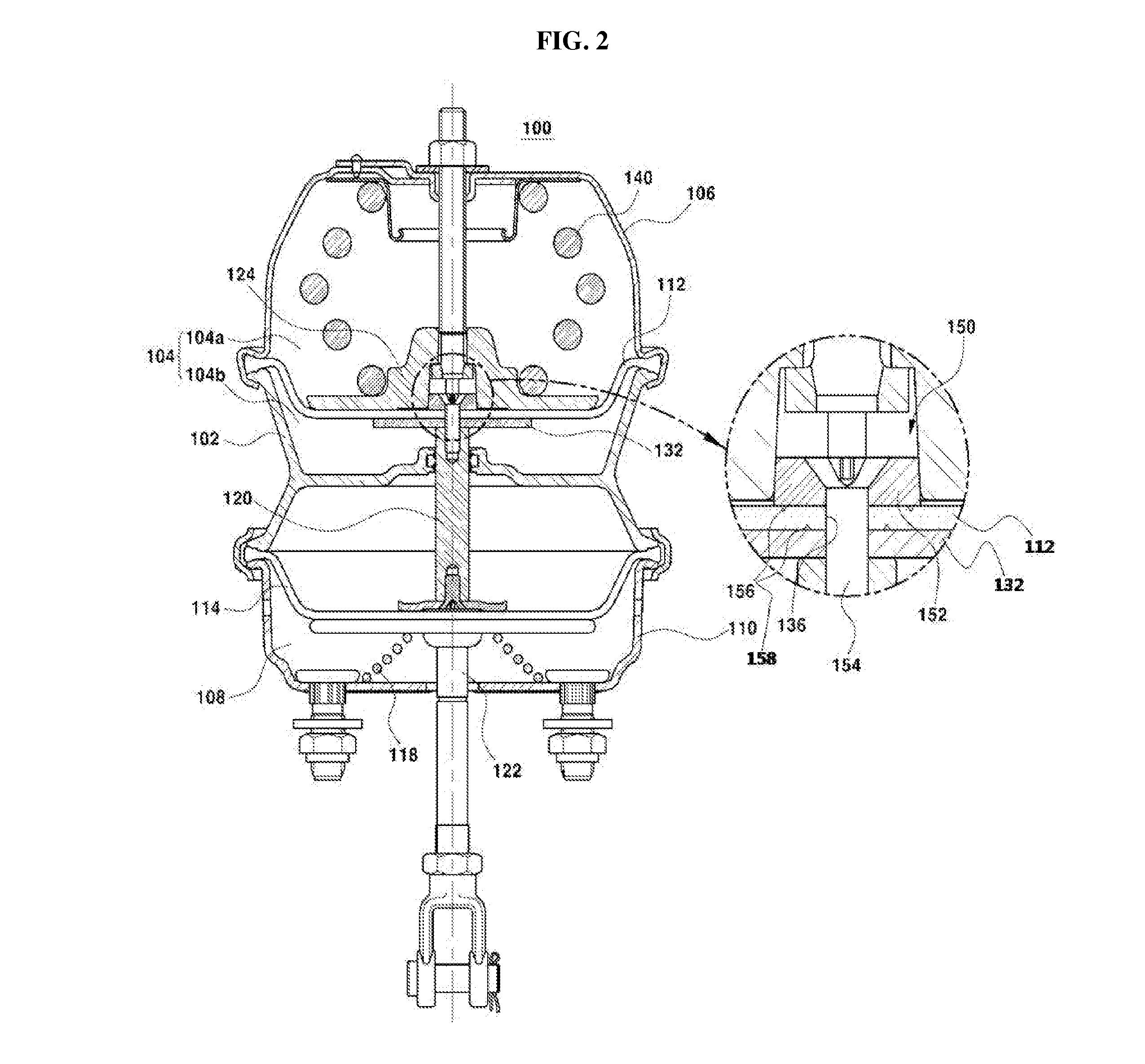 Center hole diaphragm mounting of brake chamber for vehicle