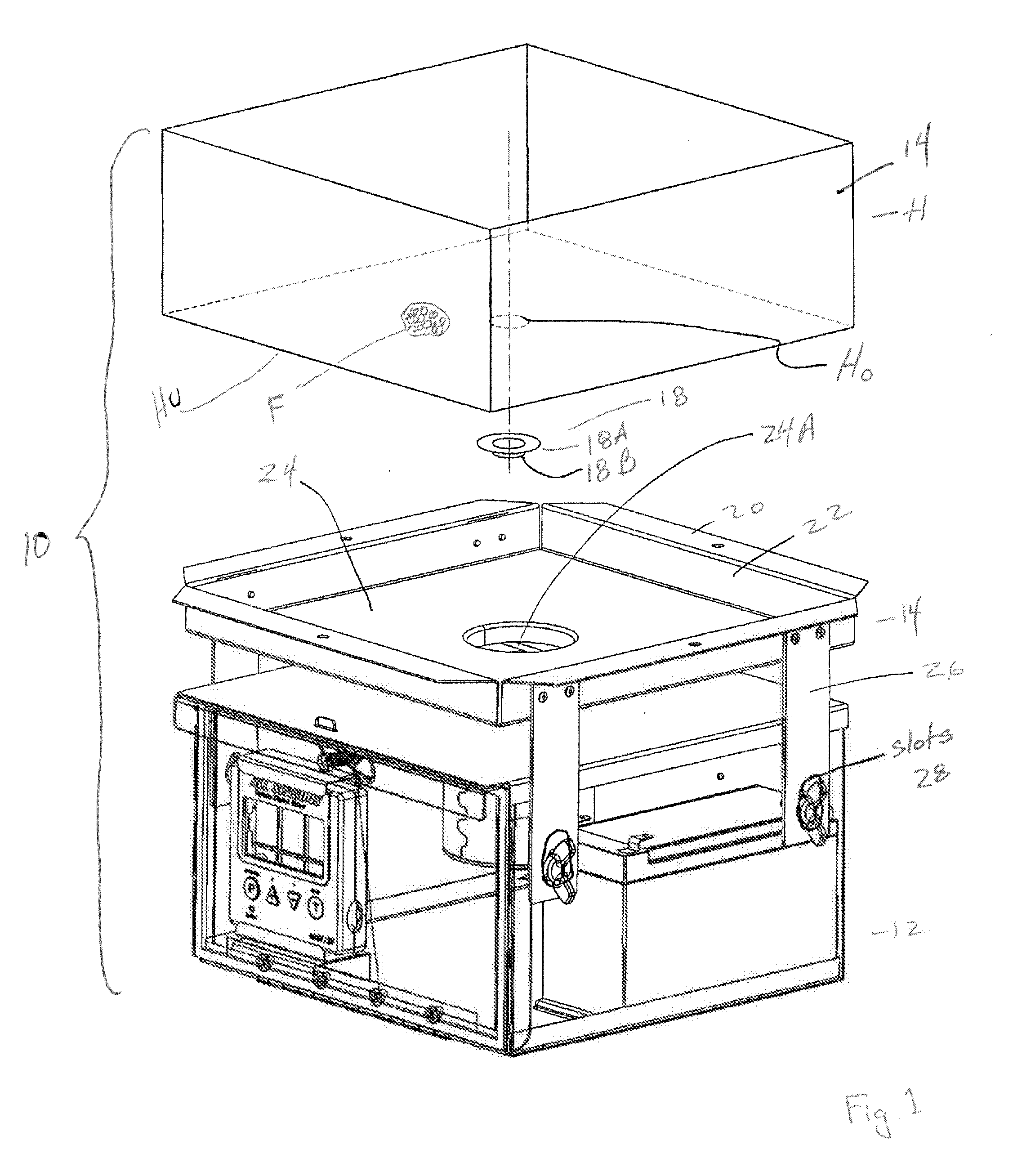 Integral control box, spinner and funnel unit with adjustable legs