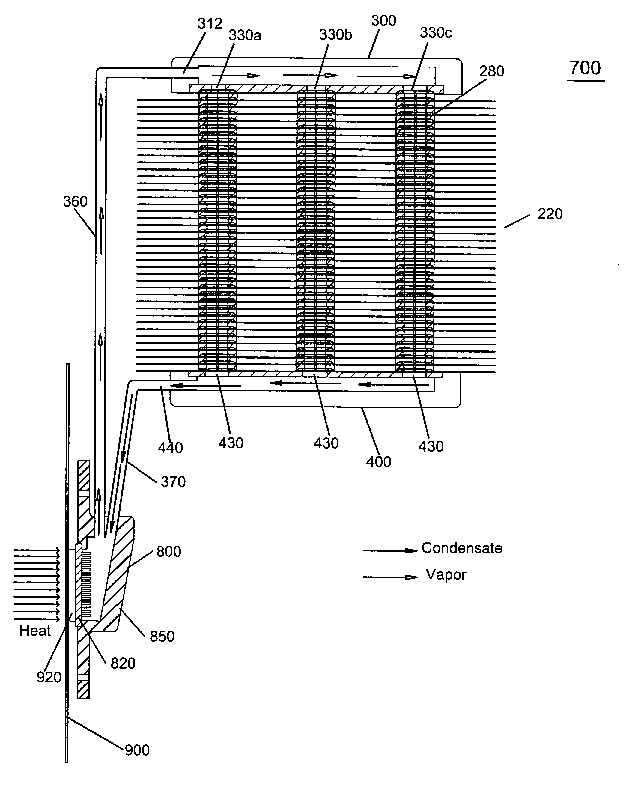 Blade-thru condenser and heat dissipation system thereof