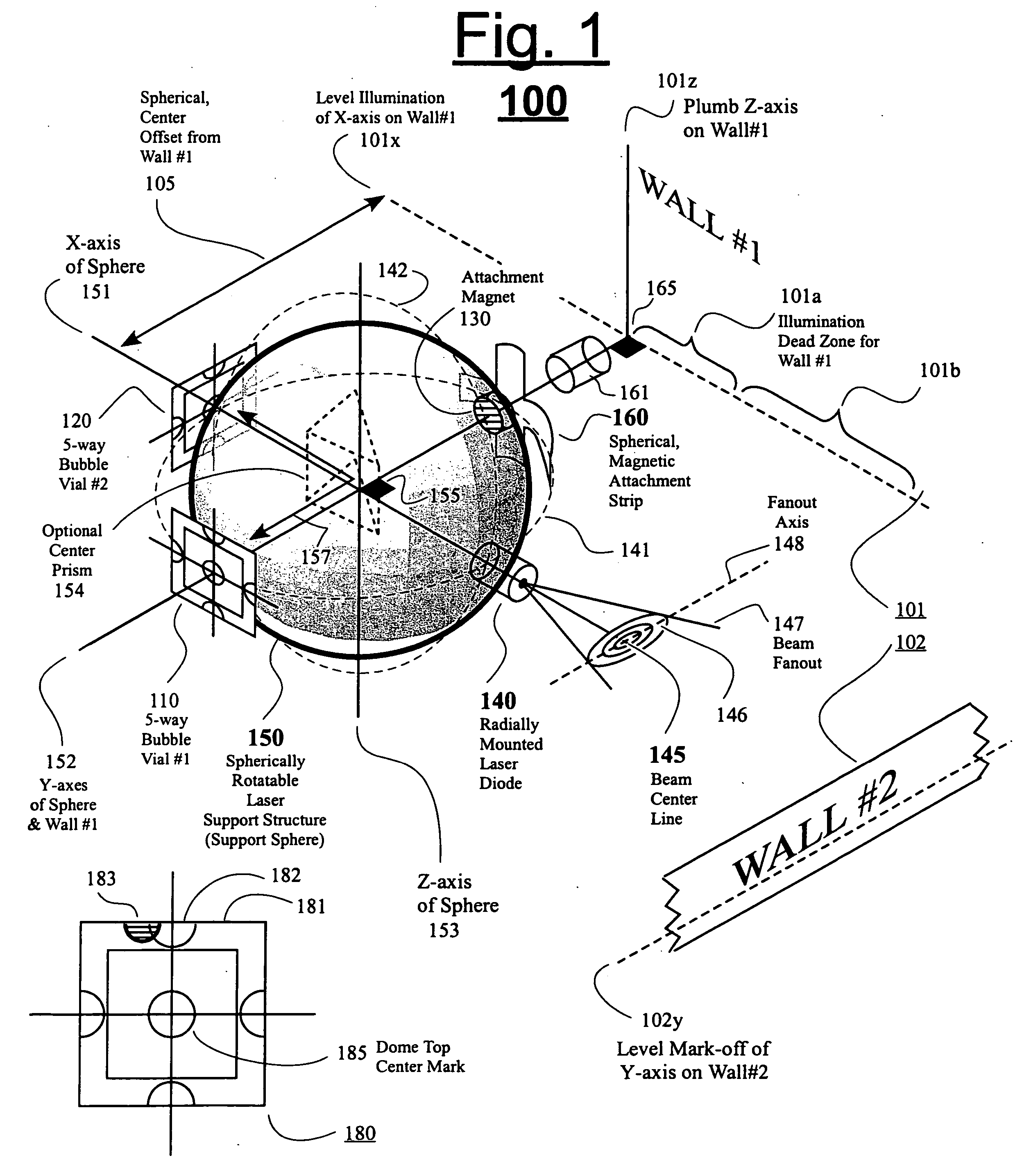 Laser line projector with spherically rotatable support and level/plumb indicators for the support