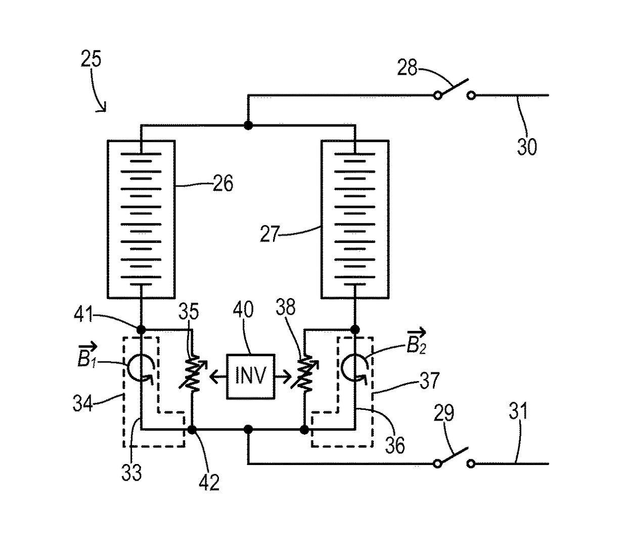 Current balancing device for parallel battery cells in an electrified vehicle