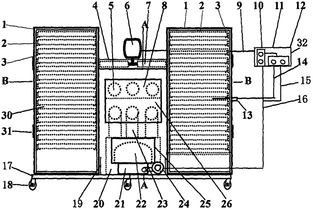 Coal burning stove and hot blast heater integral vertical cabinet type dryer with fan arranged on upper portion