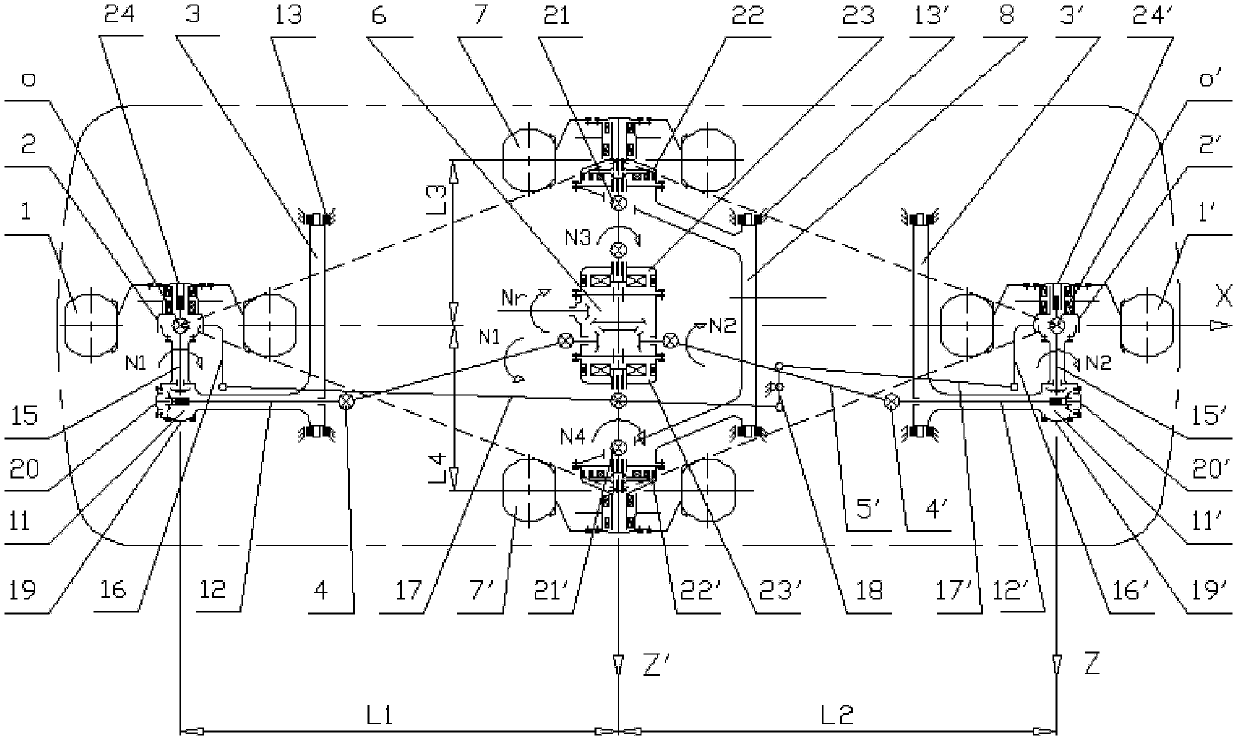 Rhomboid wheel-arranged cross-shaped axle 4WD (4 wheel drive) mechanism