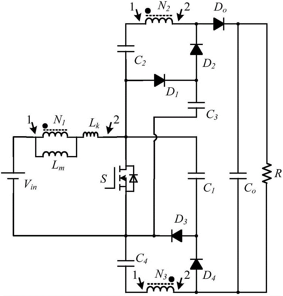 Three-winding coupled inductor voltage-doubling type single switch tube boost direct-current converter