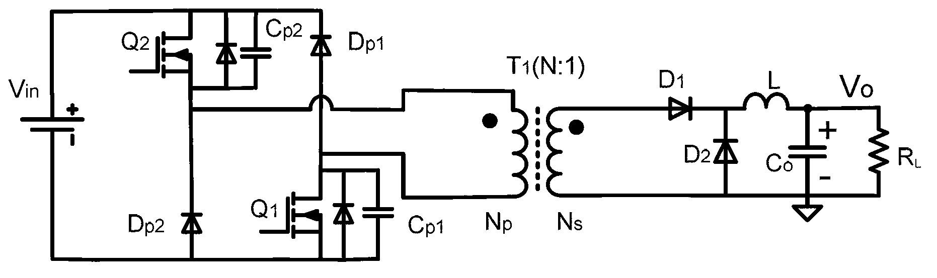 Isolated soft switching two-diode forward resonant DC / DC (direct-current/direct-current) circuit