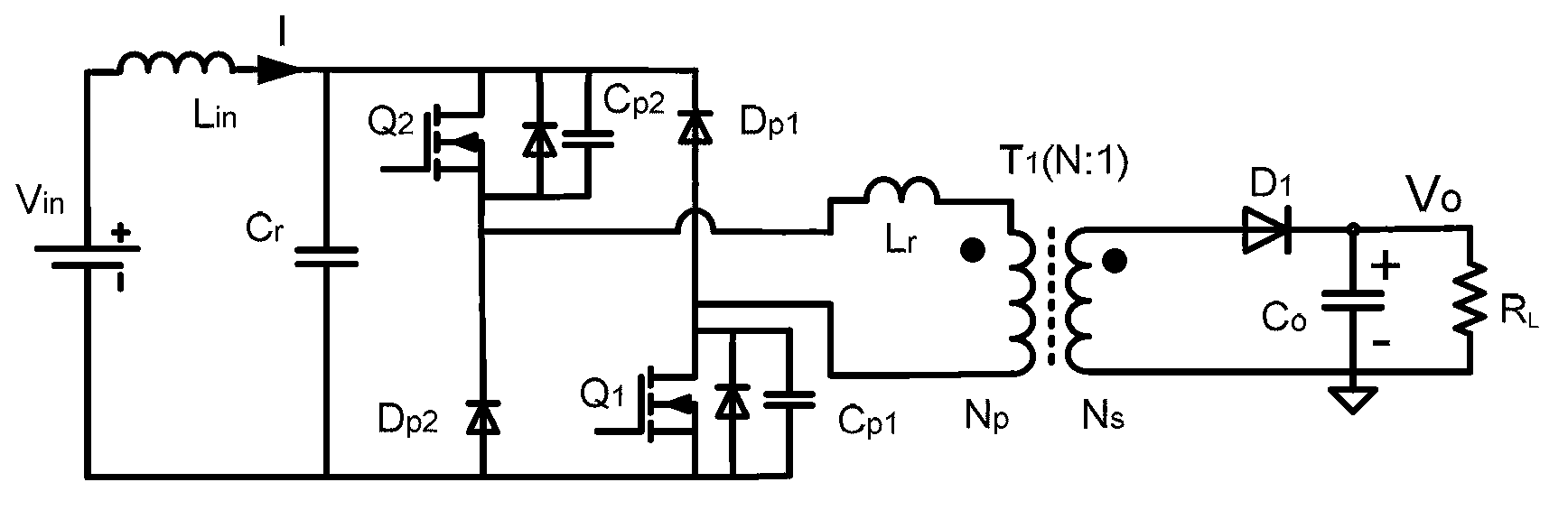 Isolated soft switching two-diode forward resonant DC / DC (direct-current/direct-current) circuit