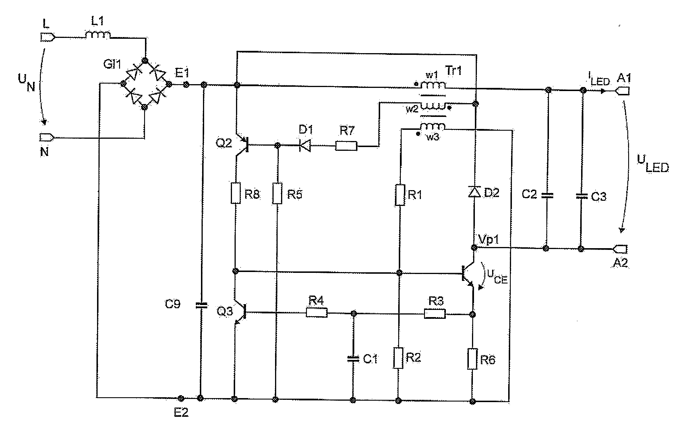 Buck converter for making power available to at least one LED