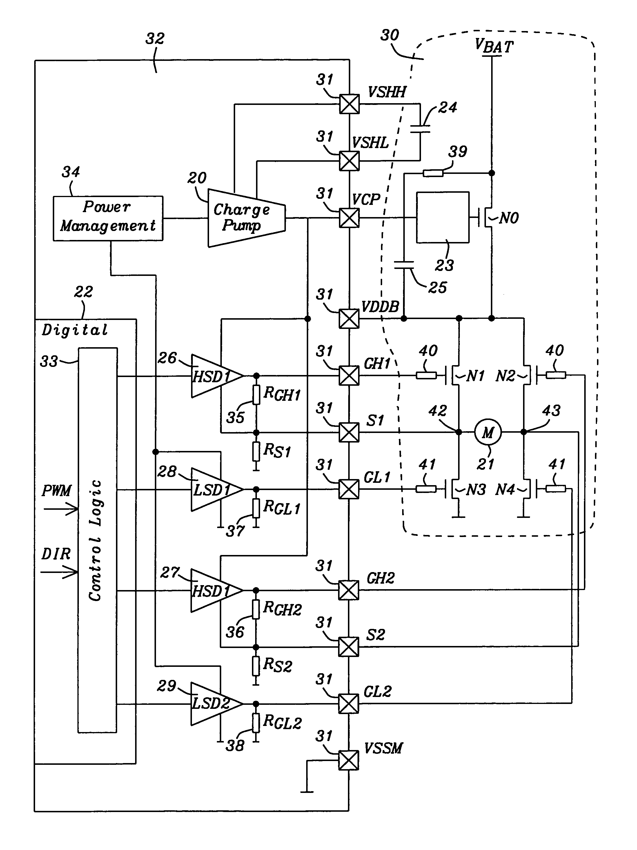 32V H-bridge driver with CMOS circuits